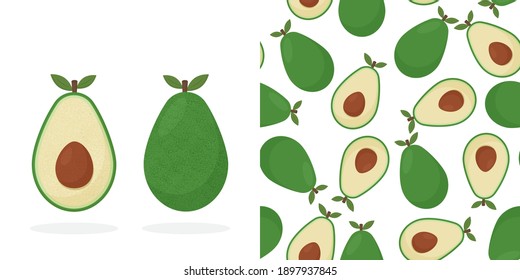 Realistic avocados illustration. Whole and cut avocado. Avocado print fabric and organic vegan raw products packaging. 