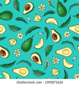 Realistic avocado.Seamless pattern.Summer exotic food.Cartoon Whole,half fruit with leaf,flower.Hand drawn vector illustration.Natural organic vegetable.Sketch on turquoise background.