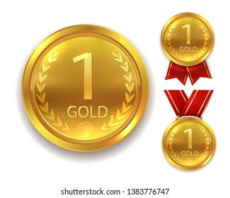 Realistic award medal. Winner gold round medal for first place trophy champion honor best shiny circle ceremony prize with ribbon, vector set