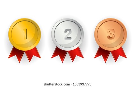 Realistic award medals. Set of gold, silver and bronze Award medals on white - stock vector