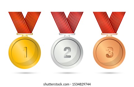 Realistic award medals. Set of gold, silver and bronze Award medals on white - stock vector