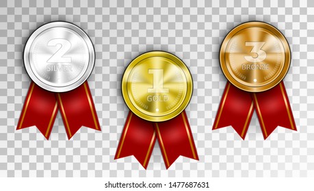 Realistic Award Medals. Three Winner Champion Medals - Gold Silver And Bronze. EPS10 Vector