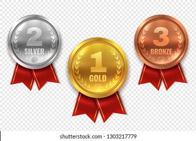 Realistic award medals. Winner medal gold bronze silver first place trophy champion honor best shiny circle ceremony prize, vector set