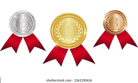 Medallas de premios realistas. Ganador medalla de oro medalla de bronce primer lugar campeón de trofeo de honor mejor brillante de ceremonia de círculo, conjunto vectorial