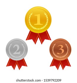 Realistic award medals. Winner medal gold bronze silver first place trophy champion honor best shiny circle ceremony prize,Product and service quality
,vector