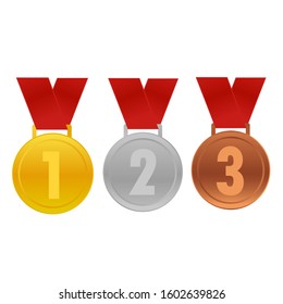 Realistic award medals. Winner medal gold bronze silver first place trophy champion honor best shiny circle ceremony prize,Product and service quality,vector