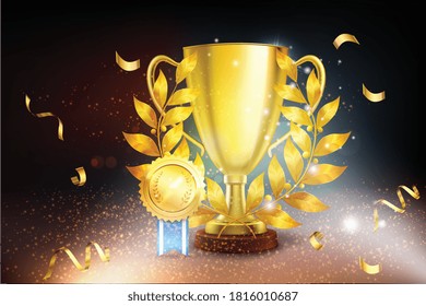 Realistic awards background with composition of festive confetti glowing lights with golden palm cup and medal vector illustration