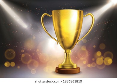 Realistic awards background with composition of golden cup image with spotlights light flares and golden particles vector illustration