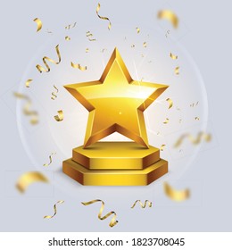 Realistic awards background with image of star award on pedestal surrounded by blurred confetti in motion vector illustration