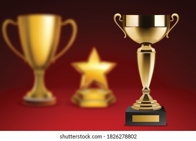 Realistic awards composition with images of three different trophies and cups on pedestal with gradient background vector illustration