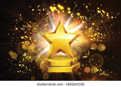 Realistic awards composition of shining star with golden particles and blurred flare lights on dark background vector illustration