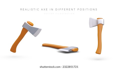 Realistic axe in different positions. Tool for splitting wood. Lumberjack equipment. Set of vector images with shadows on white background. Axe with wooden handle