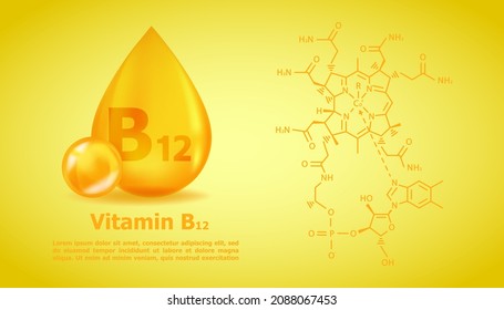 Realistic B12 Cyanocobalamin Vitamin drop with structural chemical formula. 3D Vitamin molecule B12 Cyanocobalamin design. Drop pill capsule.