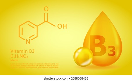 Realistic B3 Niacin Vitamin drop with structural chemical formula. 3D Vitamin molecule B3 Niacin design. Drop pill capsule.