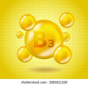 Realistic B3 Vitamin Niacin design. Yellow nutrition illustration concept. 3D Vitamin complex B3 Niacin design. Drop pill capsule.