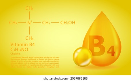 Realistic B4 Choline Vitamin drop with structural chemical formula. 3D Vitamin molecule B4 Choline design. Drop pill capsule.
