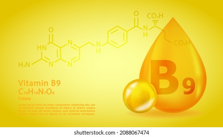 Realistic B9 Folate Vitamin drop with structural chemical formula. 3D Vitamin molecule B9 Folate design. Drop pill capsule.