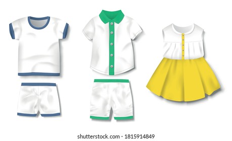 Realistic baby bodysuit, shirt, pants, shorts, dress template isolated. Baby boy clothes mockup for newborns. Vector illustration