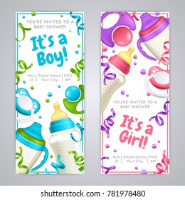 Realistic baby bottle milk banners with festive ribbons invitation text and realistic images of feeding bottles vector illustration