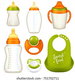 Realistic baby bottle milk set of isolated sucking bottles for milk and water with dummies vector illustration