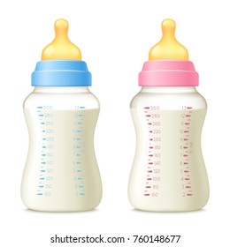 Realistic baby bottle milk set of two isolated suck bottle realistic images with beaker and shadows vector illustration