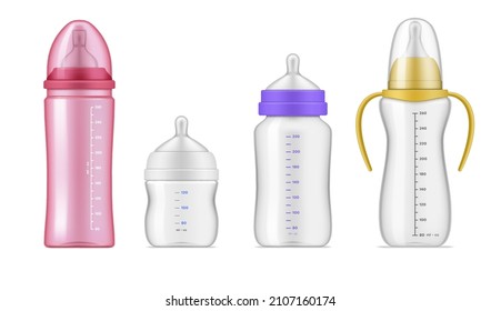 Realistic Baby Bottle Set Vector Illustration. Collection Multicolor Empty Toddler Feeding Container With Pacifier And Measure Scale Isolated. Transparent Plastic Or Glass Newborn Nourishment Tool