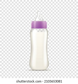 Realistic Baby Bottle With Silicone Nipple For Feeding Newborns Isolated On Transparent Background. Plastic Container Filled With Milk Infant Formula. 3d Vector Illustration