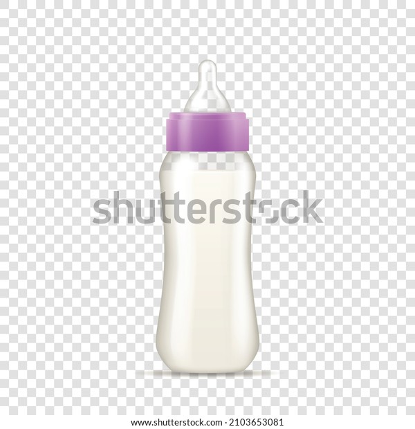Realistic baby bottle\
with silicone nipple for feeding newborns isolated on transparent\
background. Plastic container filled with milk infant formula. 3d\
vector illustration