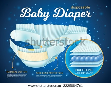 Realistic baby diapers poster. Multi layer leak protection, absorbent diaper for newborns and toddlers, kids body care, 3d isolated elements, marketing promotional banner utter vector concept
