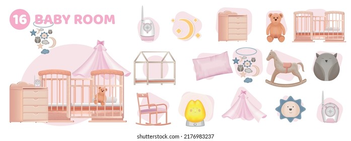 Realistic baby room composition set of furniture items toys interior elements babyphone isolated on white background vector illustration