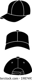 realistic back front and side view white baseball cap. baseball cap black template. sport caps sign. flat style.
