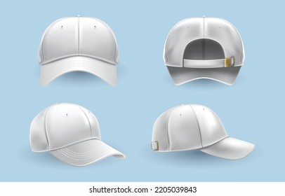 Realistic back front and side view white baseball cap isolated on blue background vector illustration. White cap Mockup, realistic style. Hat blank template, baseball caps, vector illustration set.