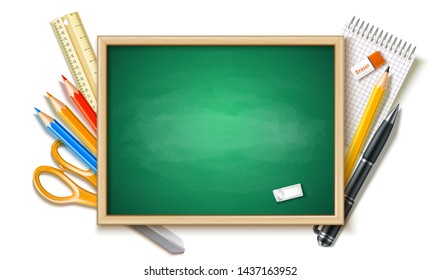 Realistic back to school background with chalkboard, pen, pencil ruler and stationary. Vector college or university green blackboard for education design background. Classroom empty board with chalk