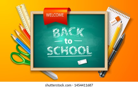 Realistic back to school background with chalkboard, pen, pencil ruler and stationery. Vector college or university green blackboard for education design background. Classroom empty board with chalk