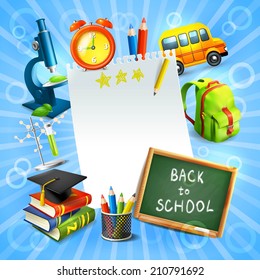 Realistic back to school concept template with education icons vector illustration