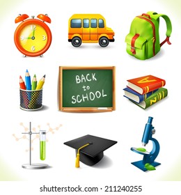 Realistic back to school education icons set of alarm clock bus backpack isolated vector illustration