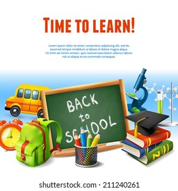 Realistic back to school rime to learn border template with education icons vector illustration.