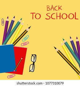 Realistic Back to School Title Poster Design in background with School Items in a Background with colorful pencil. Editable Vector Illustration with stationery items and spectacles.