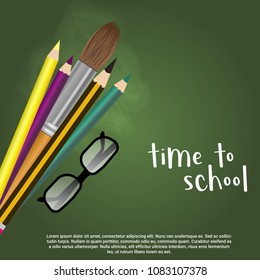 Realistic Back to School Title Poster Design in background with School Items in a Background with stationery items.