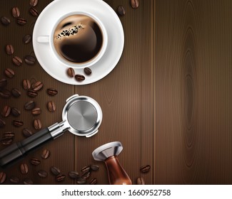 Realistic background with barista equipment and cup of coffee on wooden table vector illustration