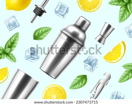 Realistic background with bartender equipment. Metal elements, cocktail shaker, jigger, sprouts, mint leaves, lemon and ice cubes, 3d isolated elements, poster backdrop, utter vector concept