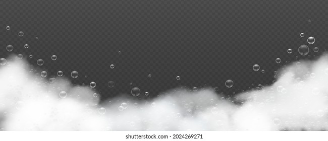 Realistic background with bath soap foam and bubble. Soapy water froth. Shampoo, laundry detergent or hygiene product sud 3d vector closeup. Illustration of realistic foam bubble, lather macro