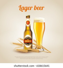 Realistic background with bottle and cup of cold lager wheat beer vector illustration