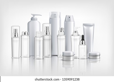 Realistic background with collection of different cosmetics containers  tubes and jars for cream oil and balm vector illustration