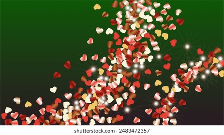 Realistic Background with Confetti of Hearts Glitter Particles. St. Valentine Day. Celebration pattern. Light Spots. Explosion of Confetti. Glitter Vector Illustration. Design for Banner.