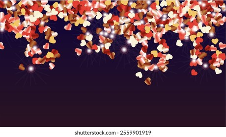 Realistic Background with Confetti of Hearts Glitter Particles. St. Valentine Day. Birthday pattern. Light Spots. Explosion of Confetti. Glitter Vector Illustration. Design for Print.