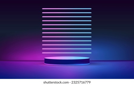 Realistic background with dark blue and pink glowing neon horizontal lamps and light lines in futuristic vector design.