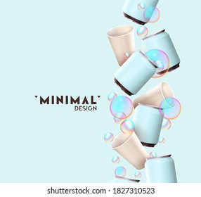 Realistic background design with paper cups and aluminum iron cans. Abstract composition for advertising presentations, branding of alcoholic and soda, tea energy drinks. Object 3d vector illustration