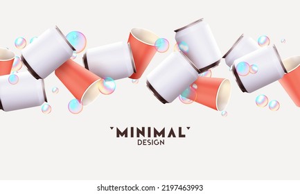 Realistic background design with paper cups and aluminum iron cans. Abstract composition for advertising presentations, branding of alcoholic and soda, tea energy drinks. Object 3d vector illustration