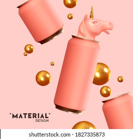 Realistic background design with pink aluminum iron can, unicorn head. Abstract composition for advertising presentations, branding of alcoholic, soda, tea energy drinks. Object 3d vector illustration